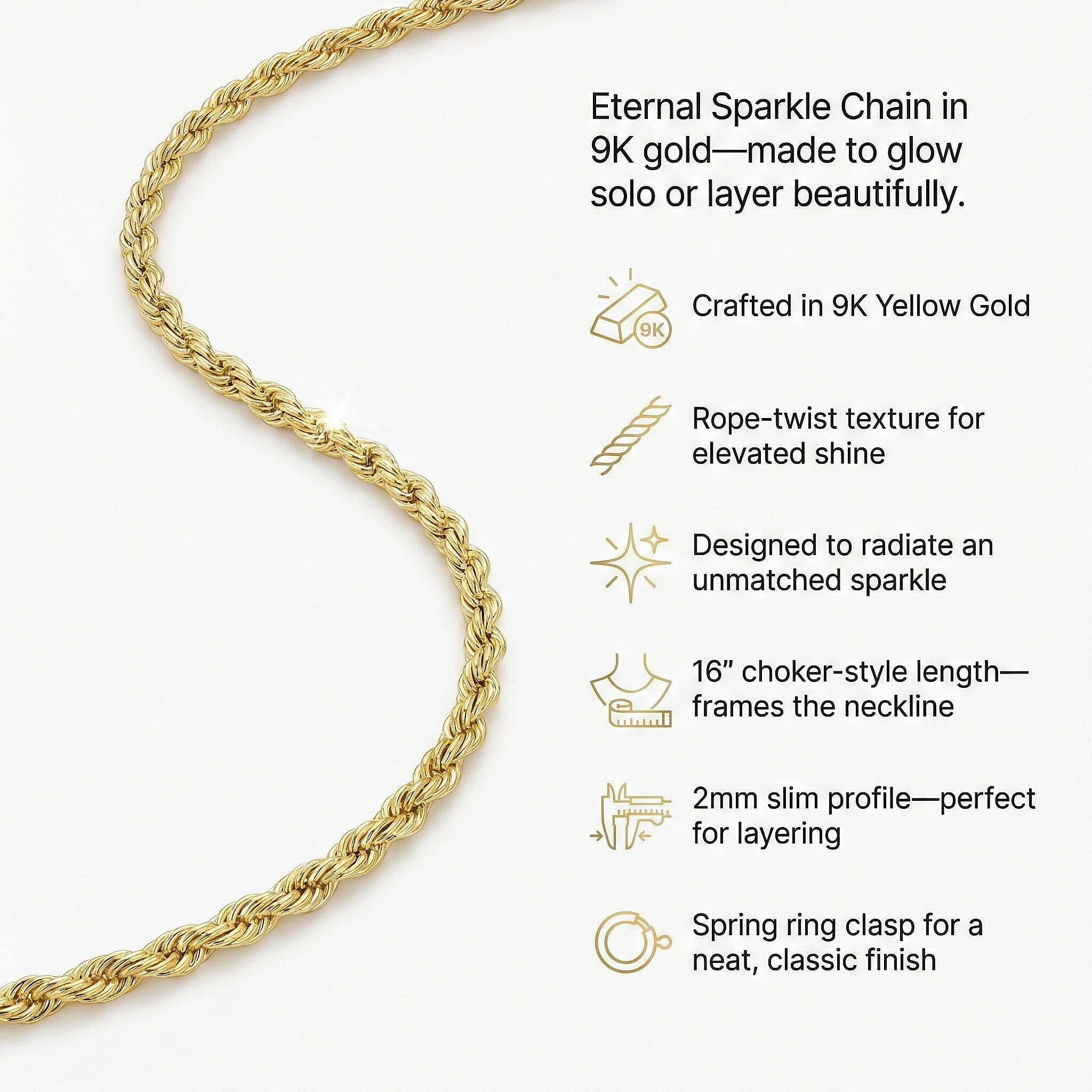 9K Yellow Gold Rope Chain With Spring Ring Clasp (Size - 16)