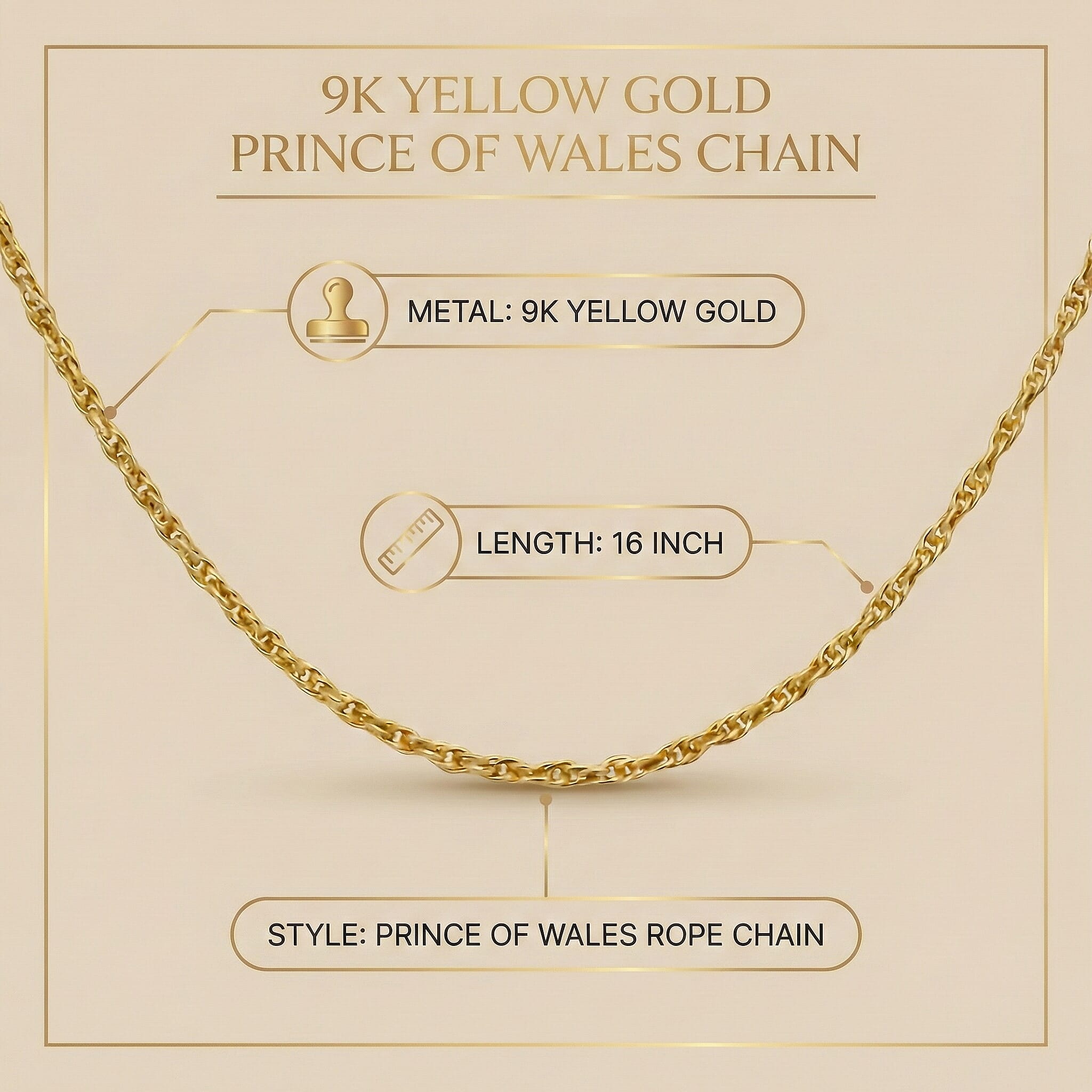 9K Yellow Gold Prince Of Wales Chain (Size - 16) with Spring Ring clasp