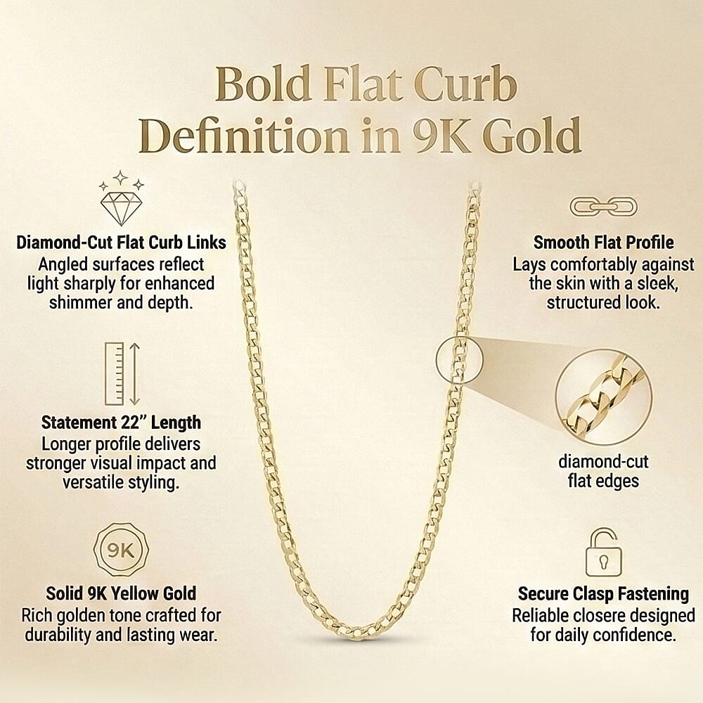 9K Yellow Gold Diamond Cut Flat Curb Chain 22 Inch