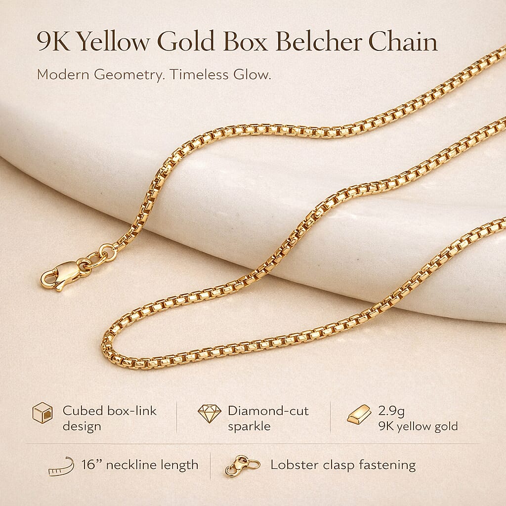 9K Yellow Gold Diamond Cut Box Belcher Chain 16 Inch