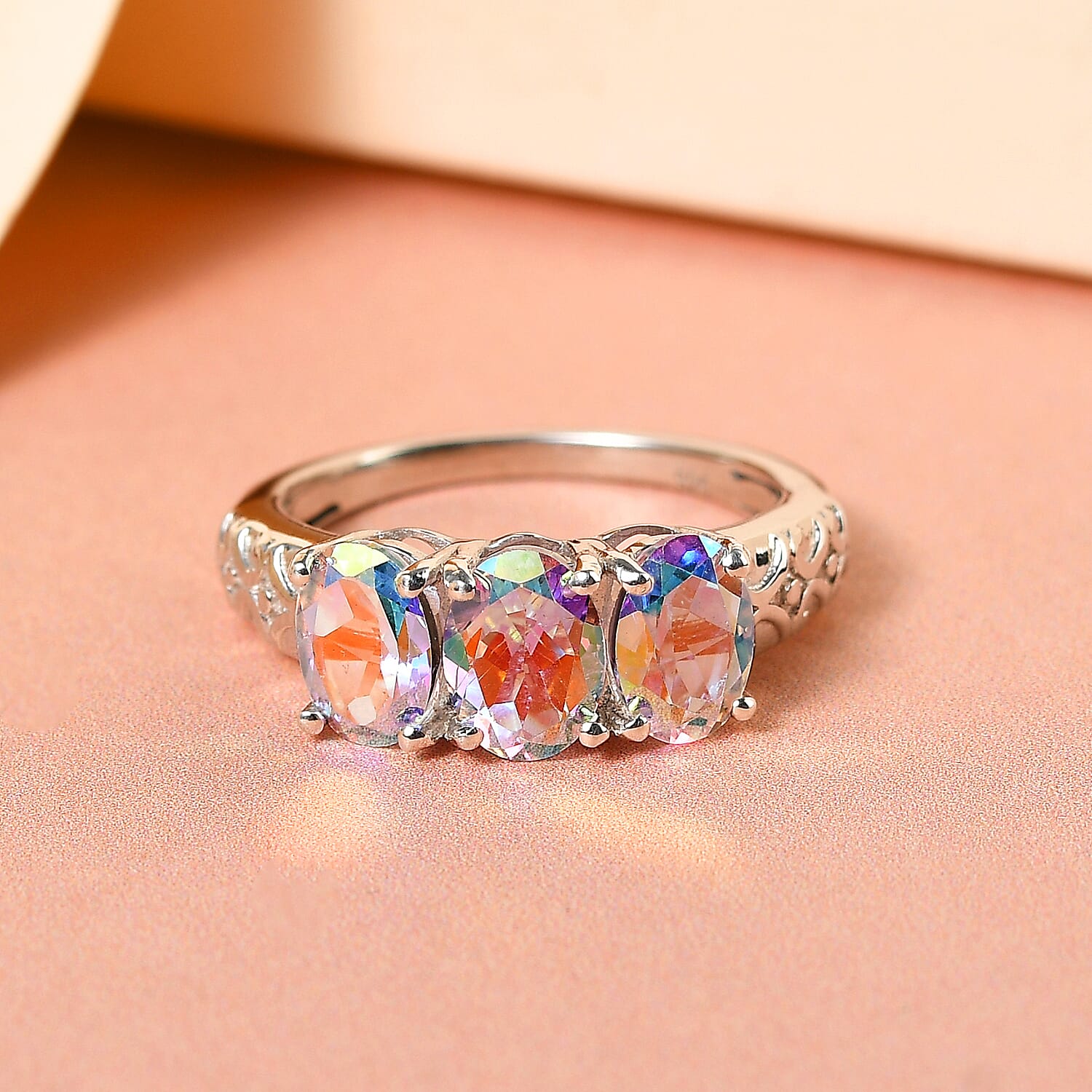 Mercury Mystic Topaz Trilogy Ring in Platinum Overlay Sterling Silver 2.71 Ct.