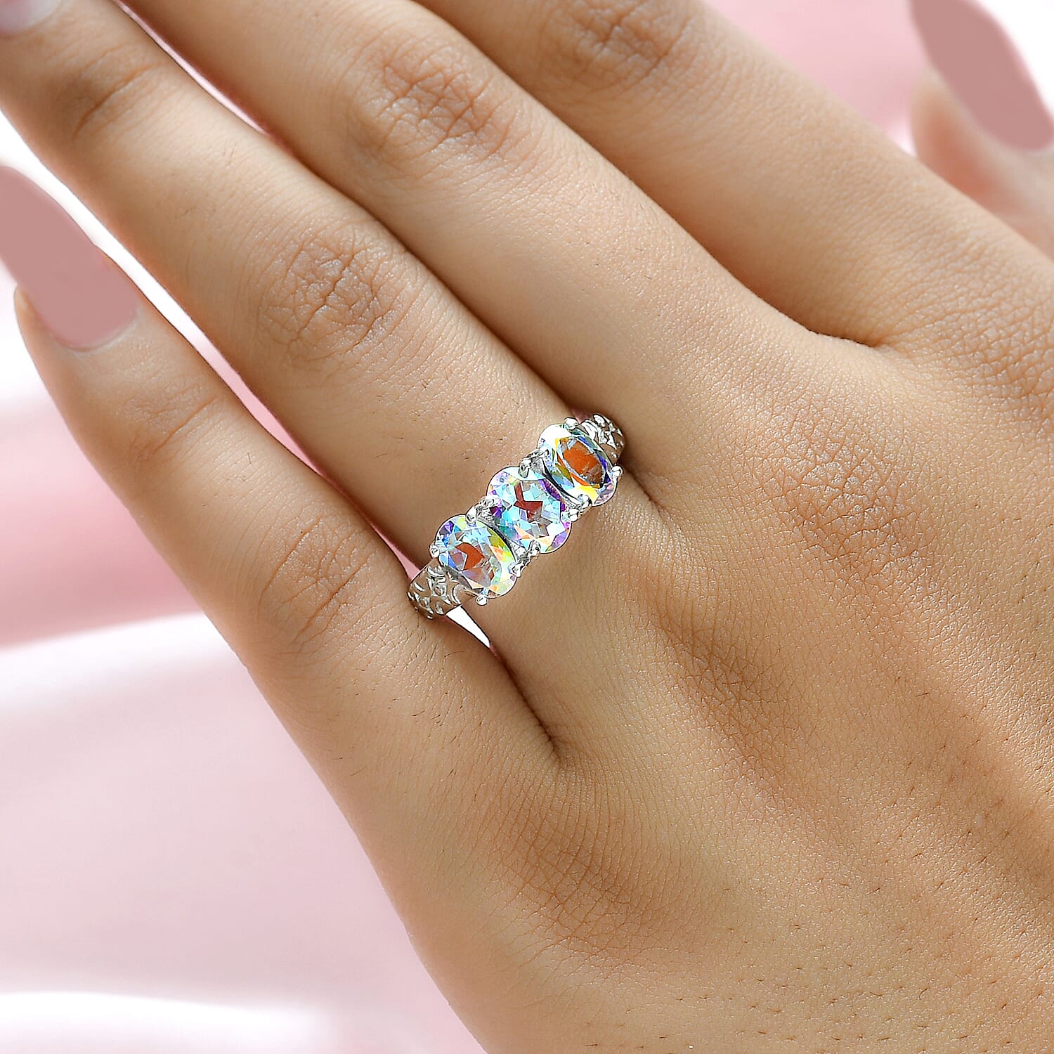 Mercury Mystic Topaz Trilogy Ring in Platinum Overlay Sterling Silver 2.71 Ct.