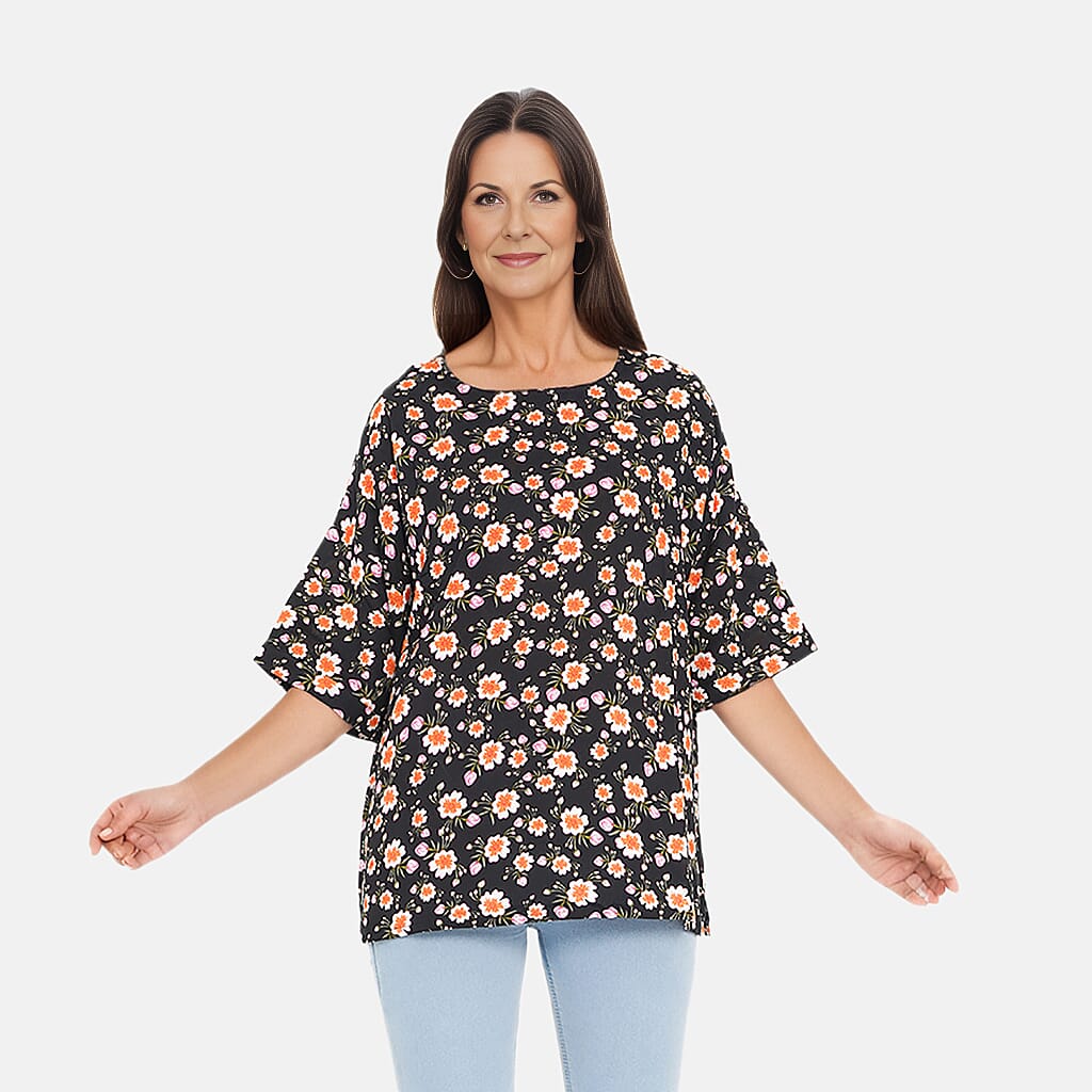 TAMSY 100% Viscose Floral Pattern Top (Size L,16-18) - Black