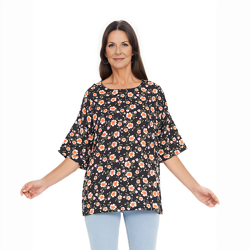 TAMSY 100% Viscose Floral Pattern Top (Size L,16-18) - Black