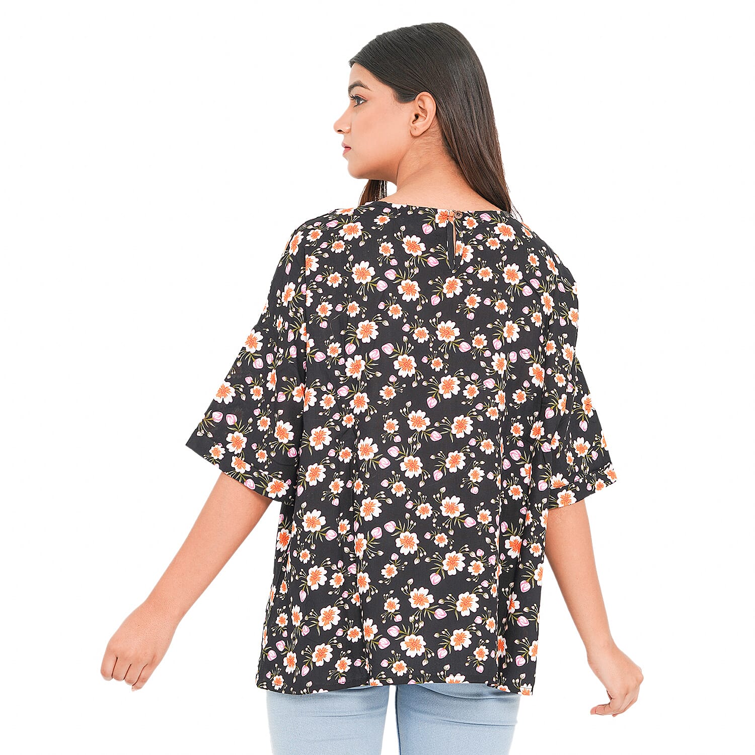 TAMSY 100% Viscose Floral Pattern Top (Size L,16-18) - Black