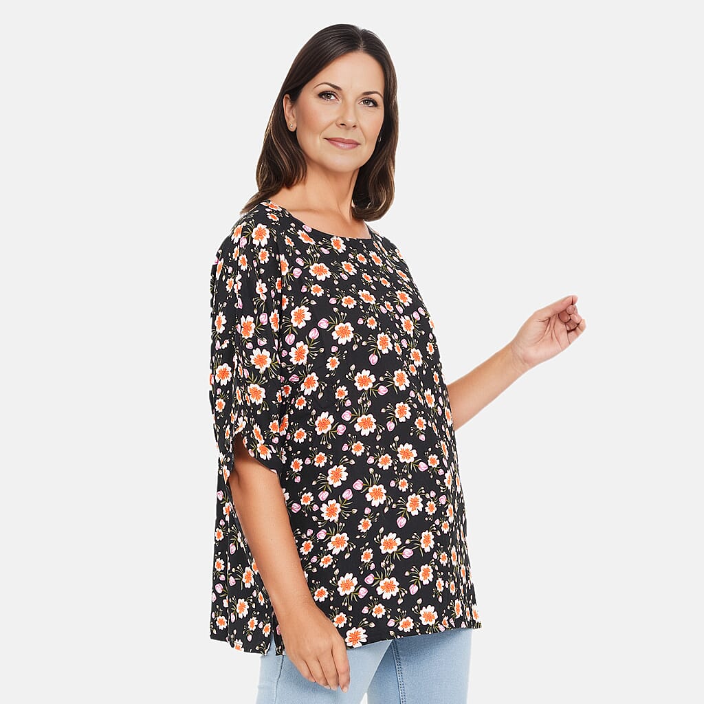 TAMSY 100% Viscose Floral Pattern Top (Size L,16-18) - Black