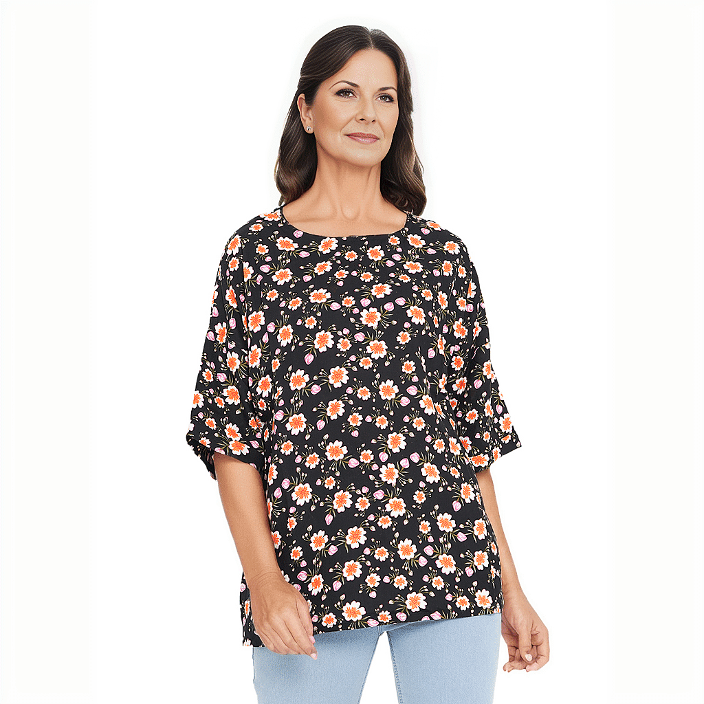 TAMSY Viscose Floral Pattern Top - Black