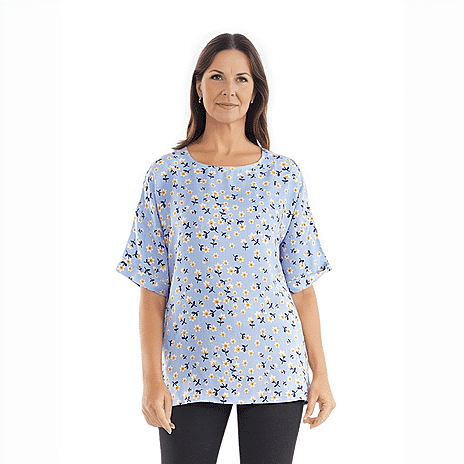 TAMSY 100% Viscose Floral Pattern Top (Size L,16-18) - Sky Blue