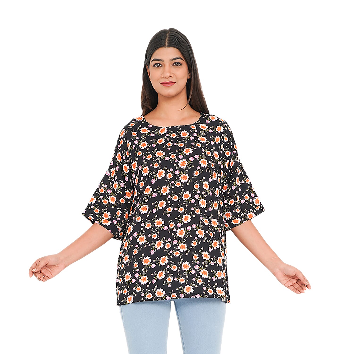 TAMSY 100% Viscose Floral Pattern Top (Size M,12-14) - Black