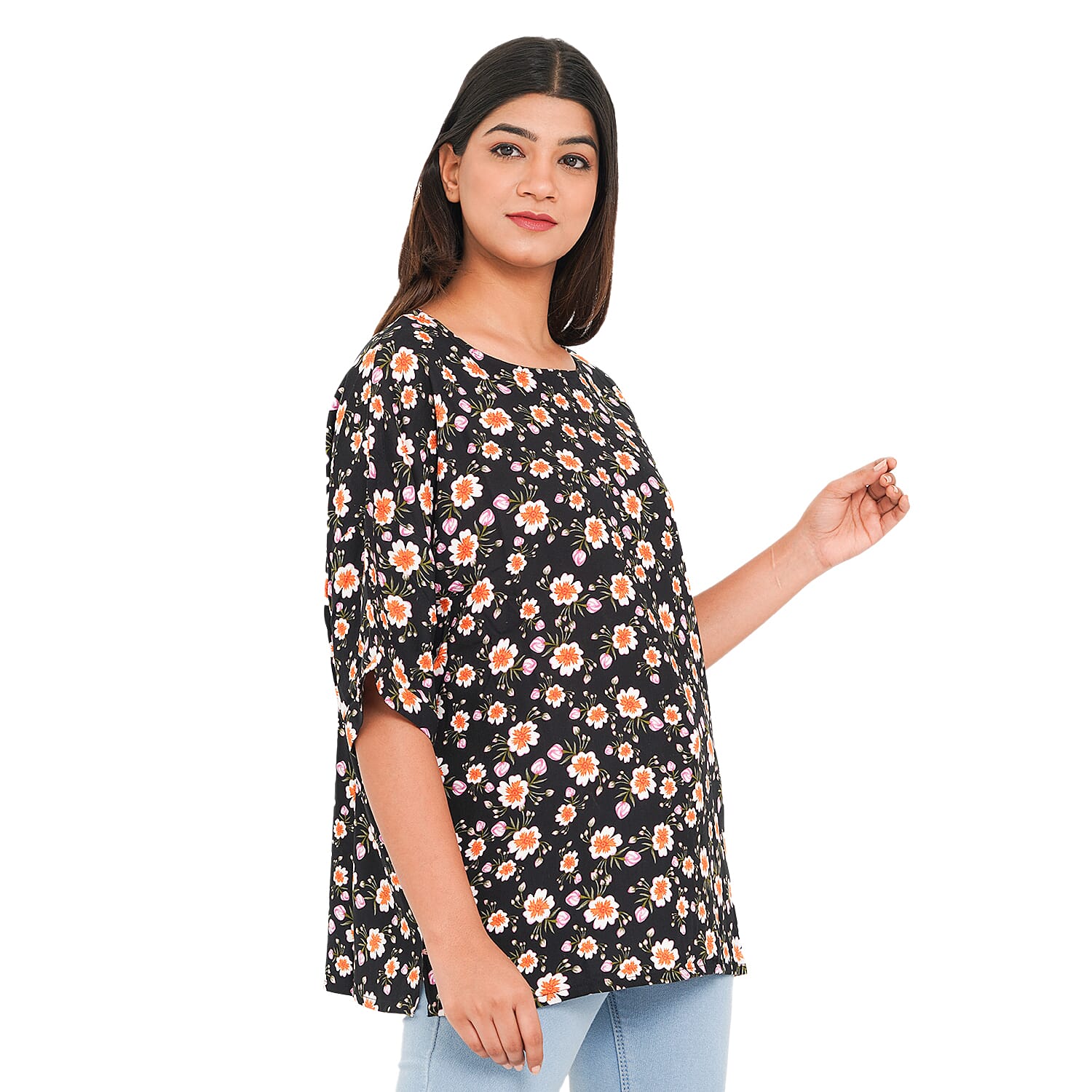 TAMSY 100% Viscose Floral Pattern Top (Size M,12-14) - Black