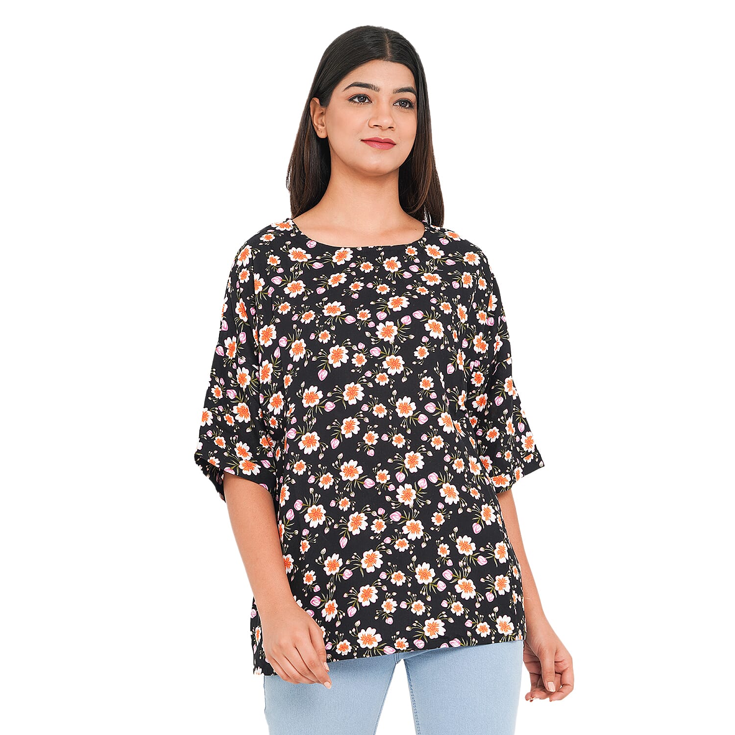 TAMSY 100% Viscose Floral Pattern Top (Size M,12-14) - Black