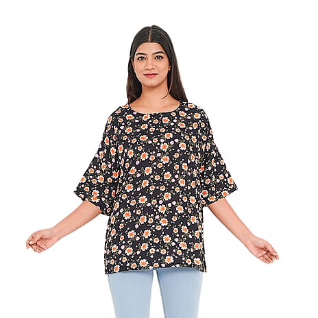 TAMSY 100% Viscose Floral Pattern Top (Size S,8-10) - Black