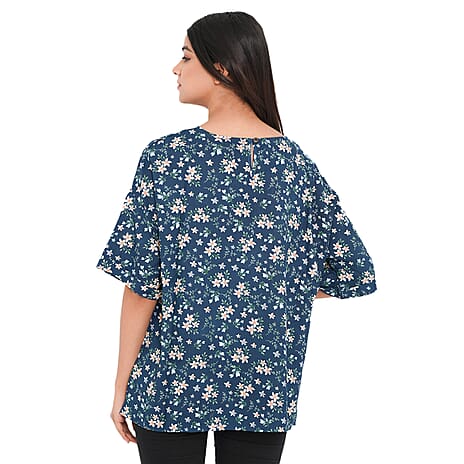 TAMSY 100% Viscose Floral Pattern Top (Size S,8-10) - Turquoise