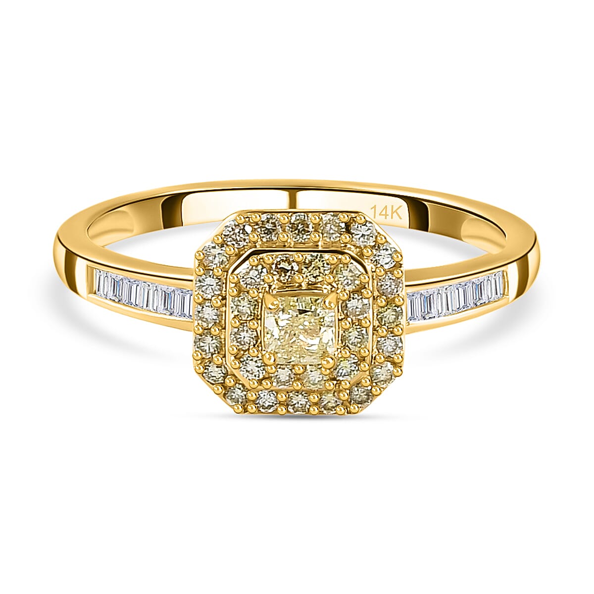 14K Yellow Gold SGL Certified Natural Yellow Diamond (SI-I1) and White Diamond (I1-I2-G-H) Halo Ring 0.50 Ct