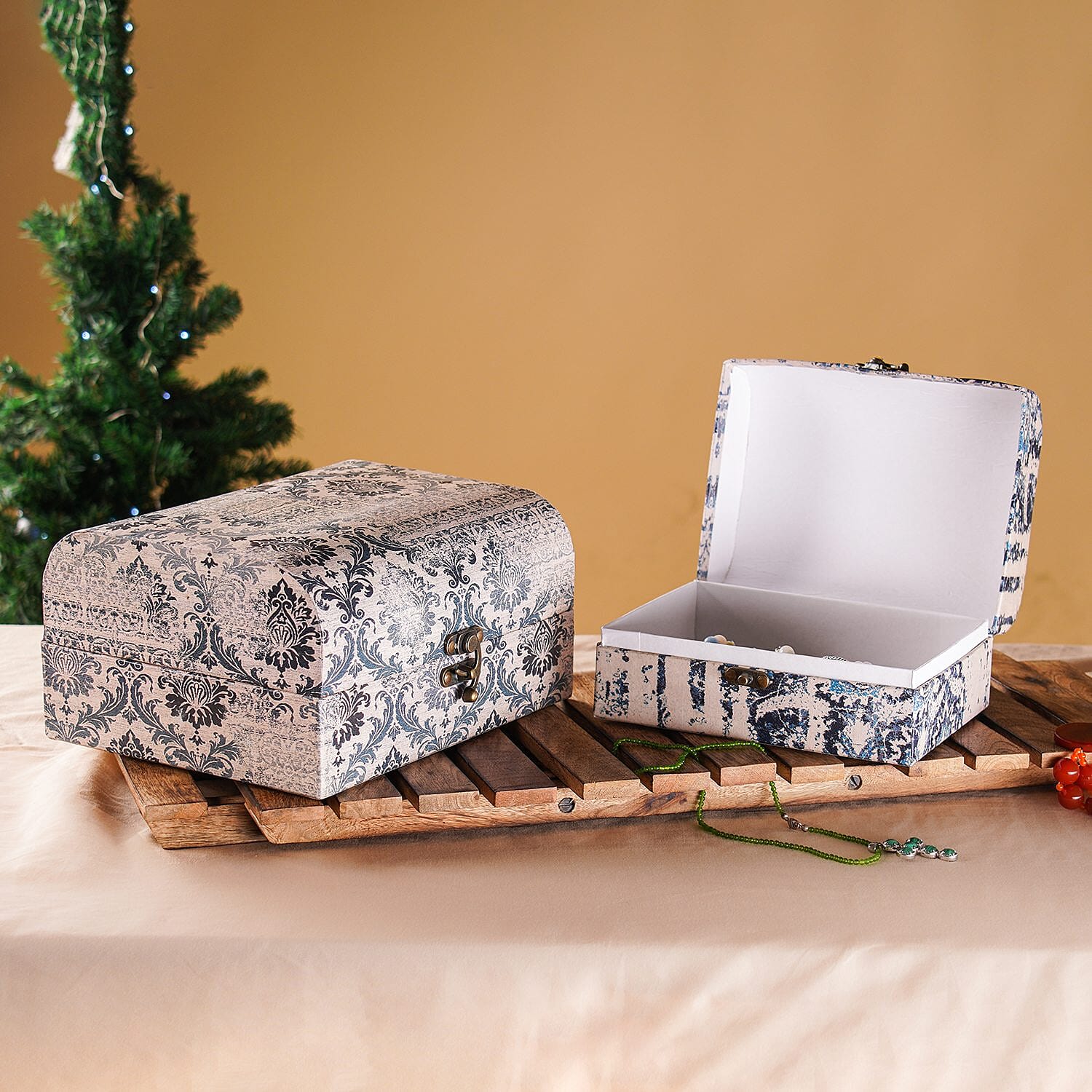 Set of 2 - Textile Pattern Jewellery Box (Size 26x20x13 Cm & 20x15x11 Cm) - Grey