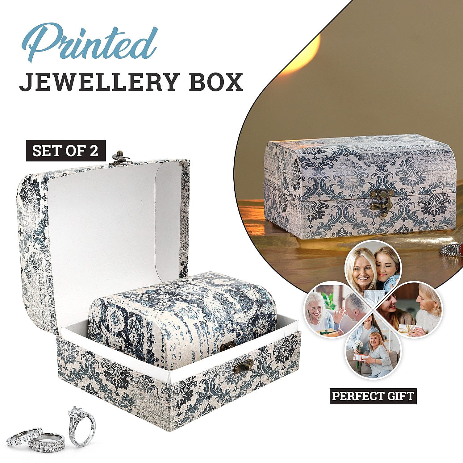 Set of 2 - Textile Pattern Jewellery Box (Size 26x20x13 Cm & 20x15x11 Cm) - Grey