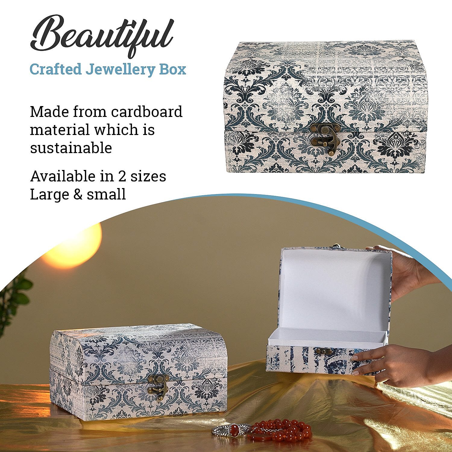 Set of 2 - Textile Pattern Jewellery Box (Size 26x20x13 Cm & 20x15x11 Cm) - Grey