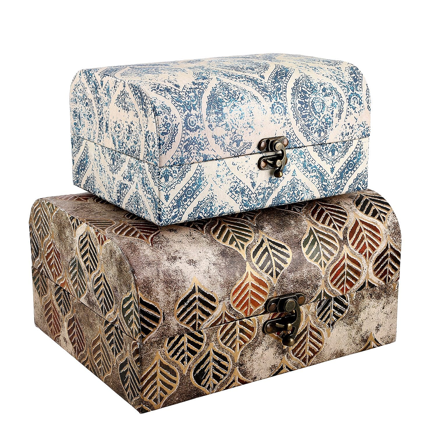 Set of 2 - Leaf & Textile Pattern Jewellery Box (Size 26x20x13 Cm & 20x15x11 Cm) - Brown & Blue