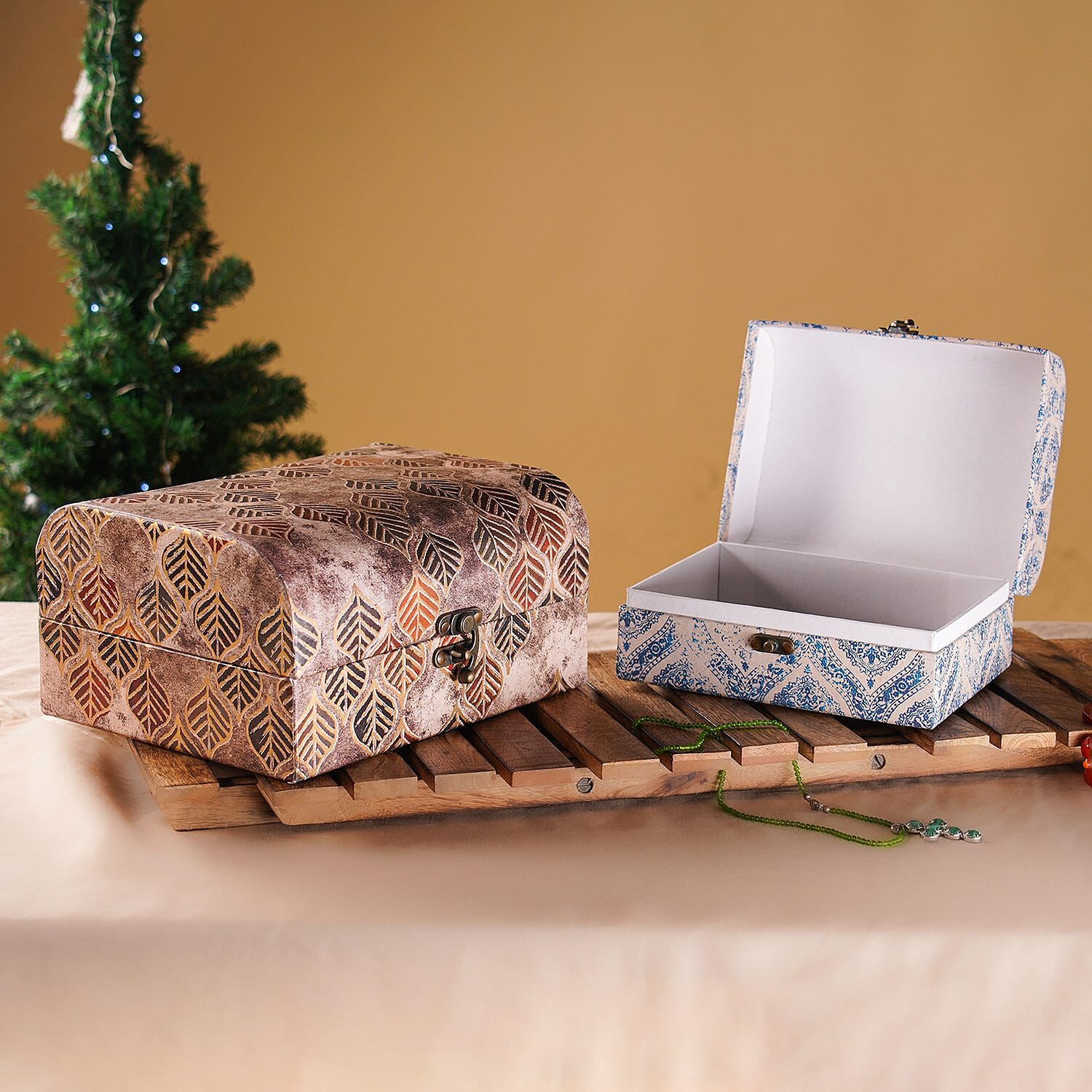 Set of 2 - Leaf & Textile Pattern Jewellery Box (Size 26x20x13 Cm & 20x15x11 Cm) - Brown & Blue