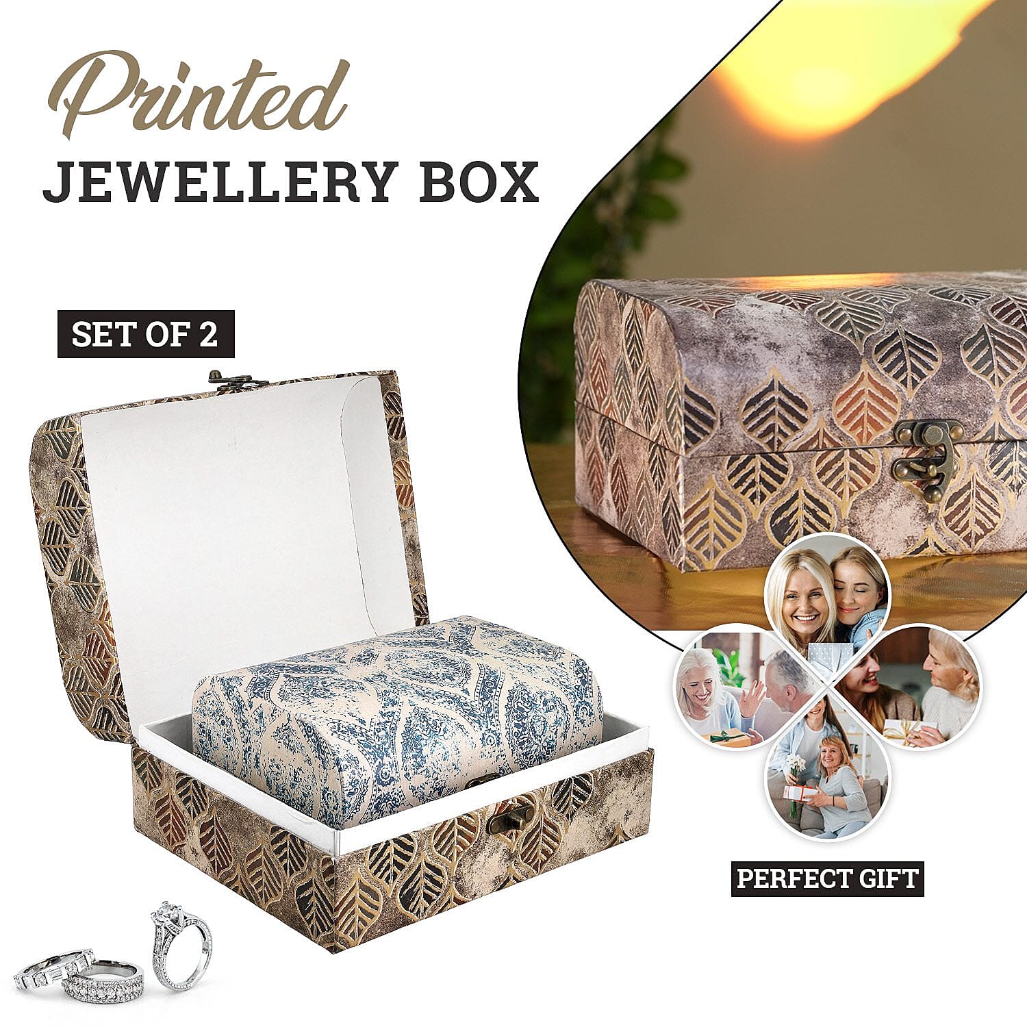 Set of 2 - Leaf & Textile Pattern Jewellery Box (Size 26x20x13 Cm & 20x15x11 Cm) - Brown & Blue