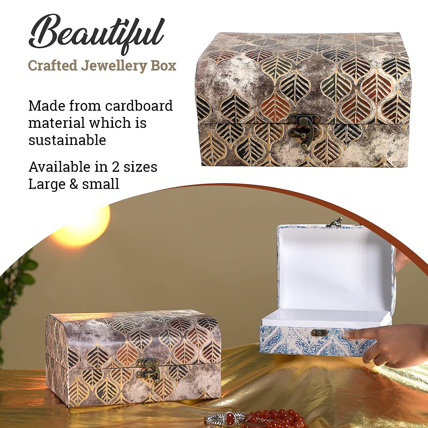 Set of 2 - Leaf & Textile Pattern Jewellery Box (Size 26x20x13 Cm & 20x15x11 Cm) - Brown & Blue