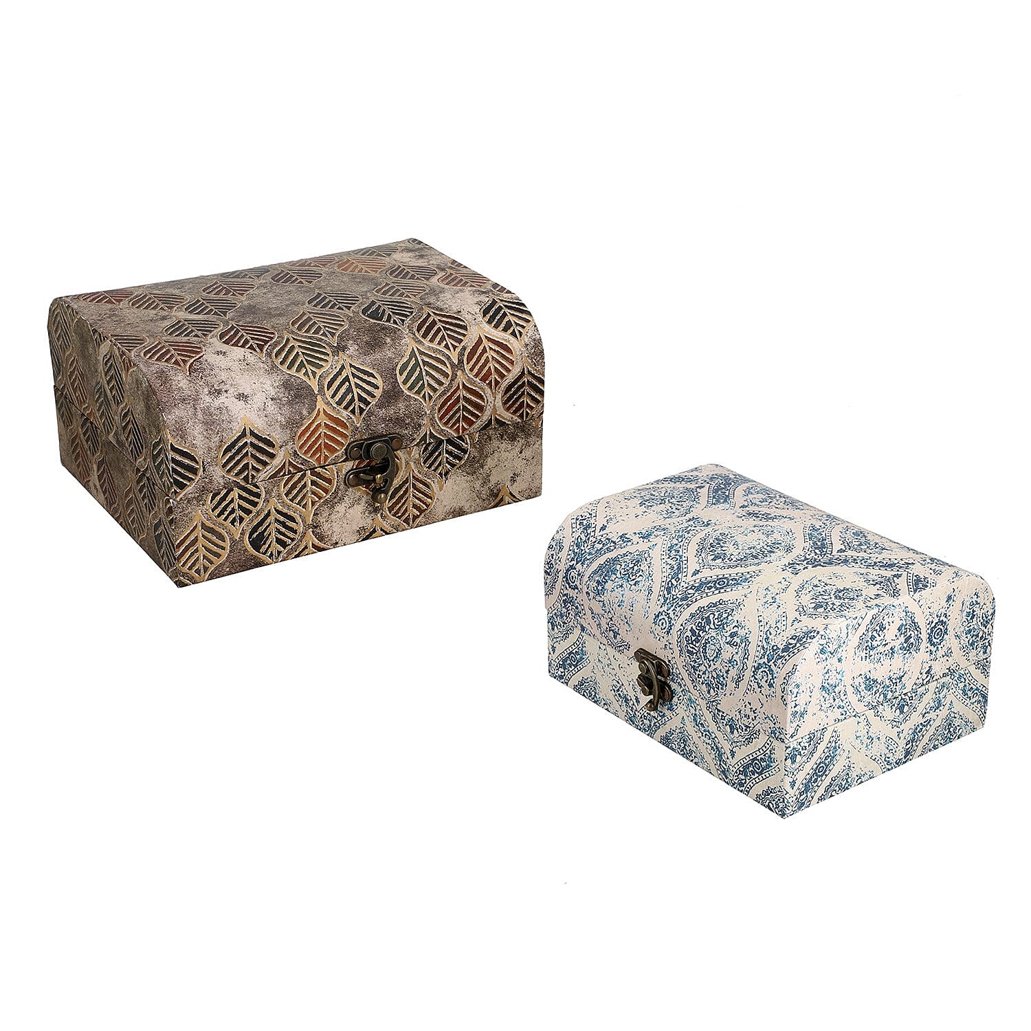 Set of 2 - Leaf & Textile Pattern Jewellery Box (Size 26x20x13 Cm & 20x15x11 Cm) - Brown & Blue