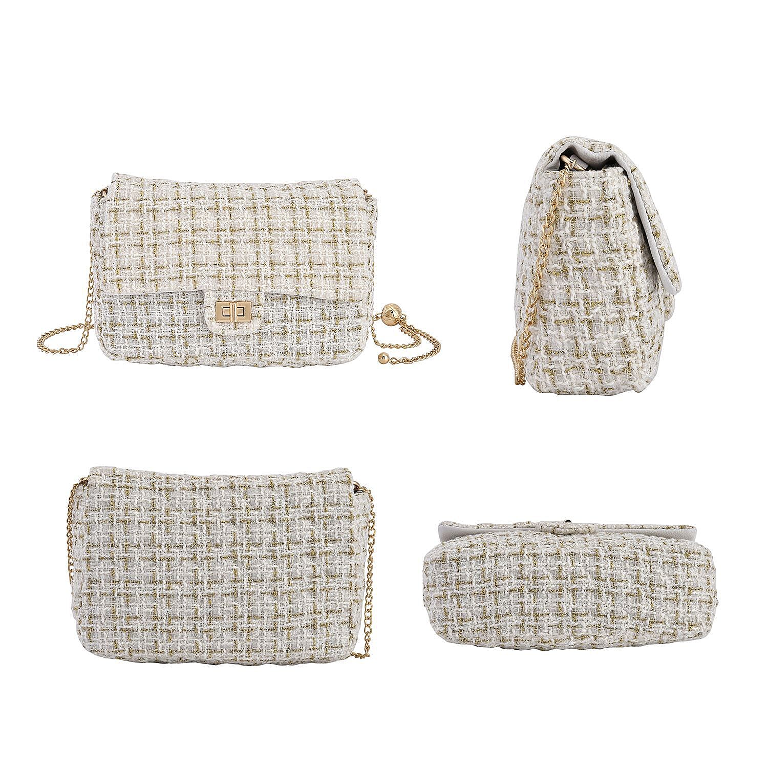 Tweed Shoulder Bag with Adjustable Shoulder Metal Chain - White