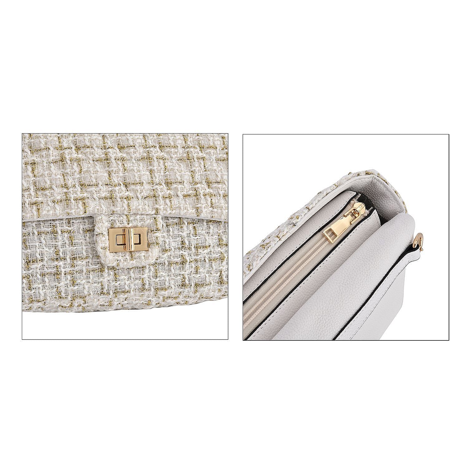 Tweed Shoulder Bag with Adjustable Shoulder Metal Chain - White