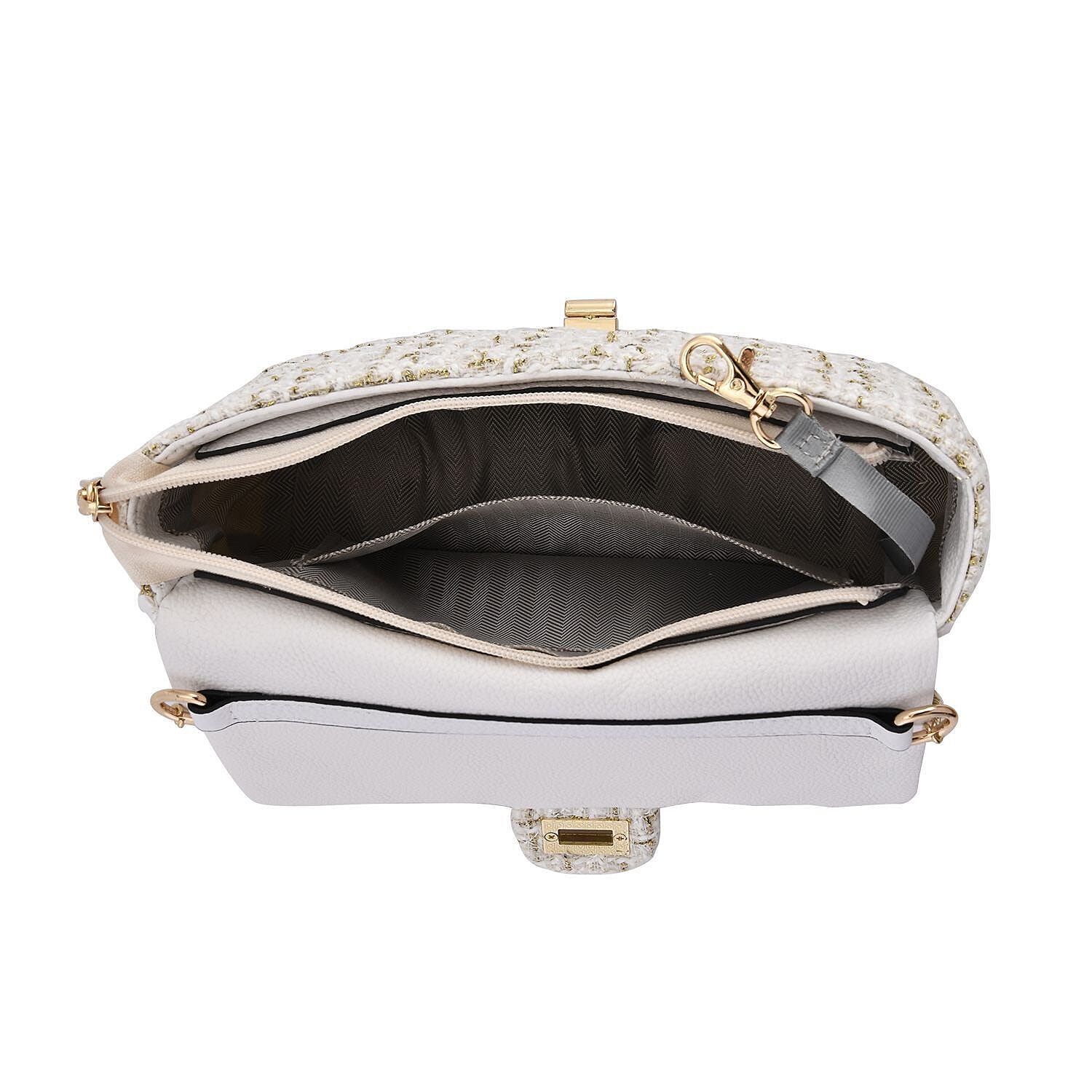 Tweed Shoulder Bag with Adjustable Shoulder Metal Chain - White