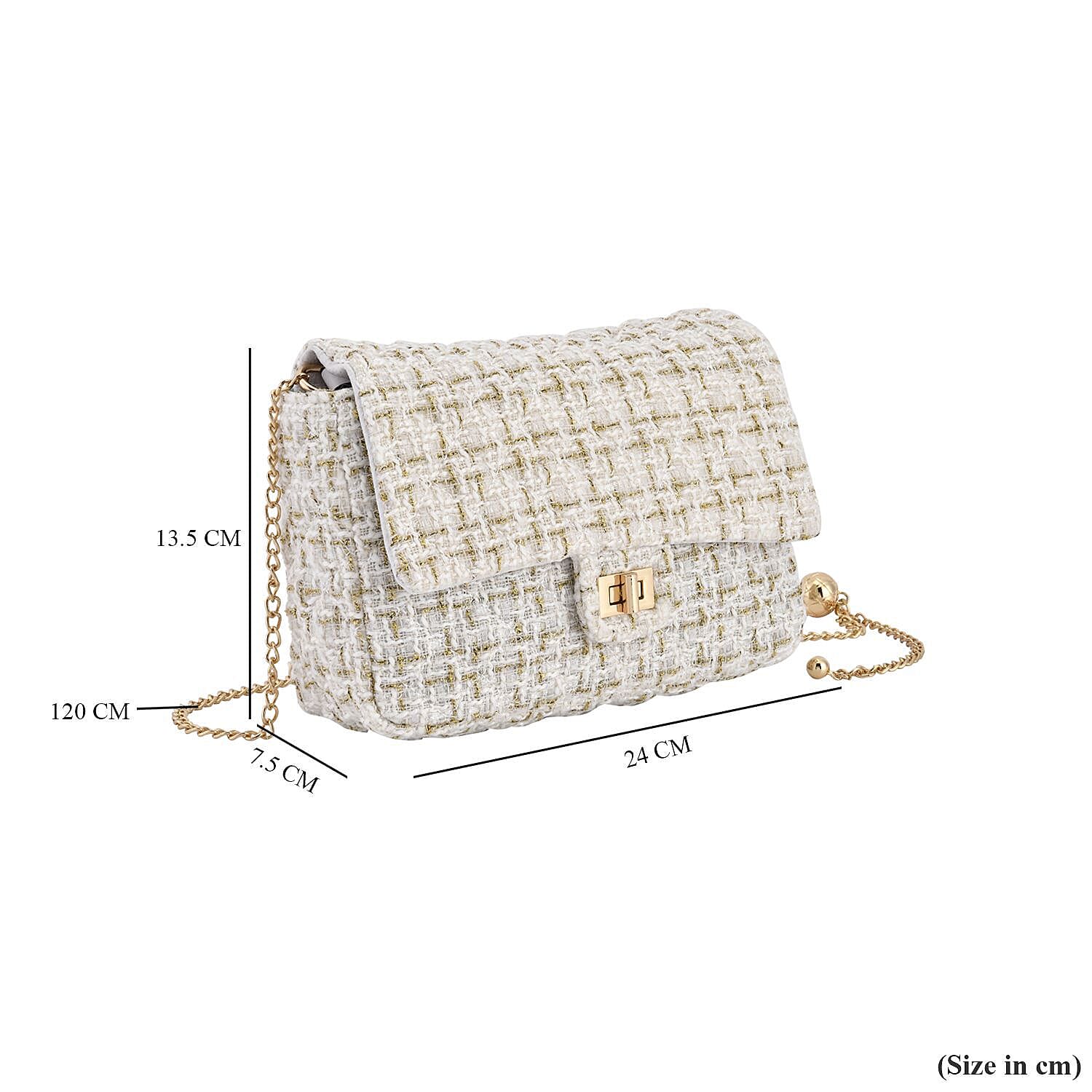 Tweed Shoulder Bag with Adjustable Shoulder Metal Chain - White