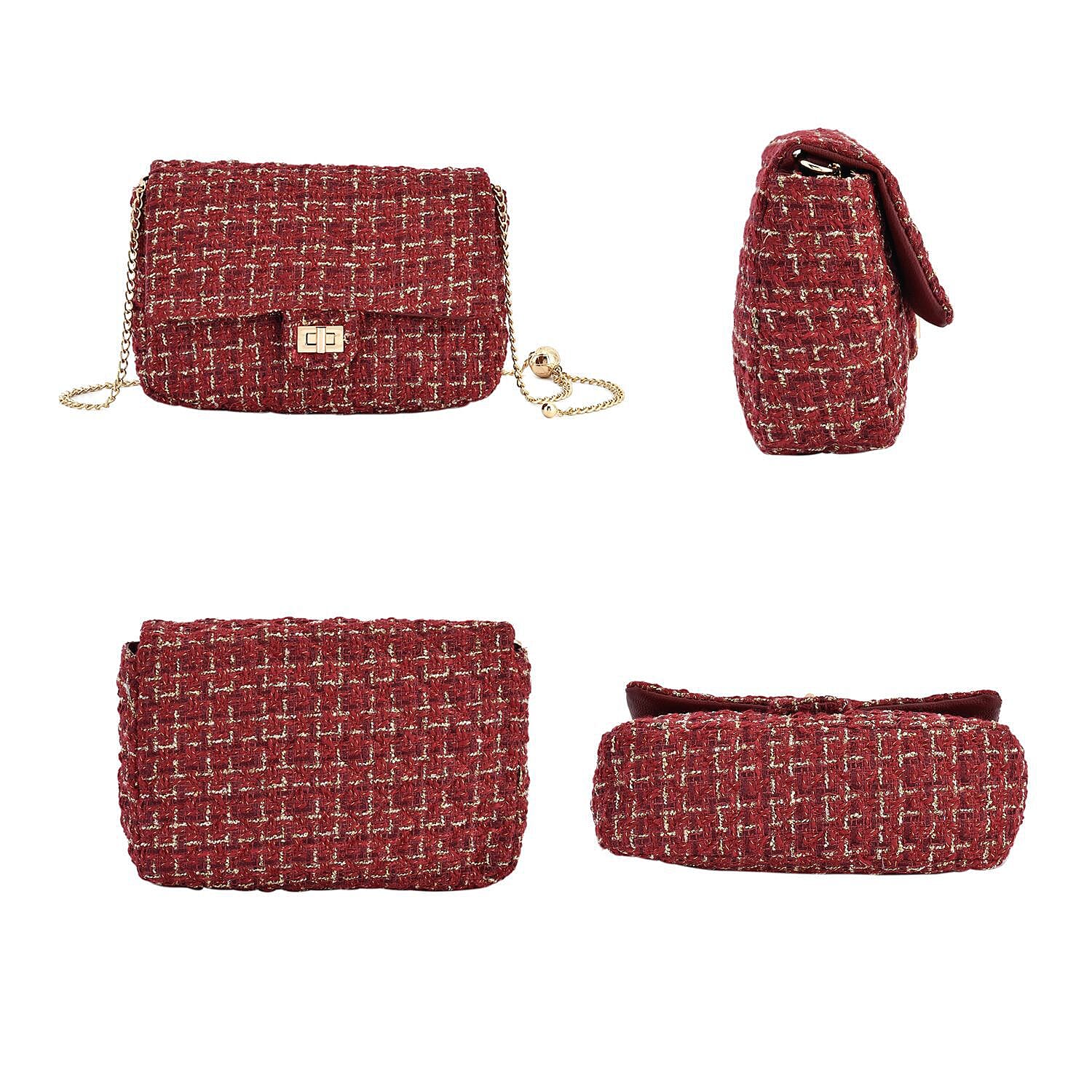 Designer Inspired Tweed Shoulder Bag with Adjustable Shoulder Metal Chain - Burgundy