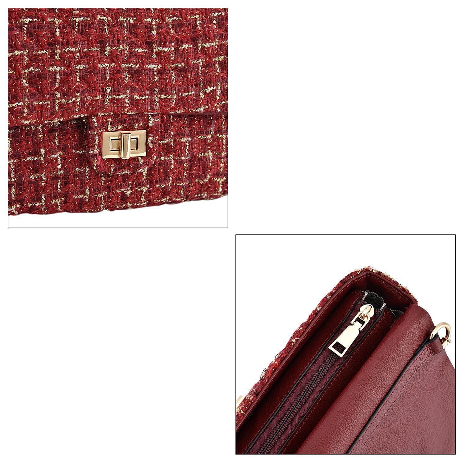 Designer Inspired Tweed Shoulder Bag with Adjustable Shoulder Metal Chain - Burgundy