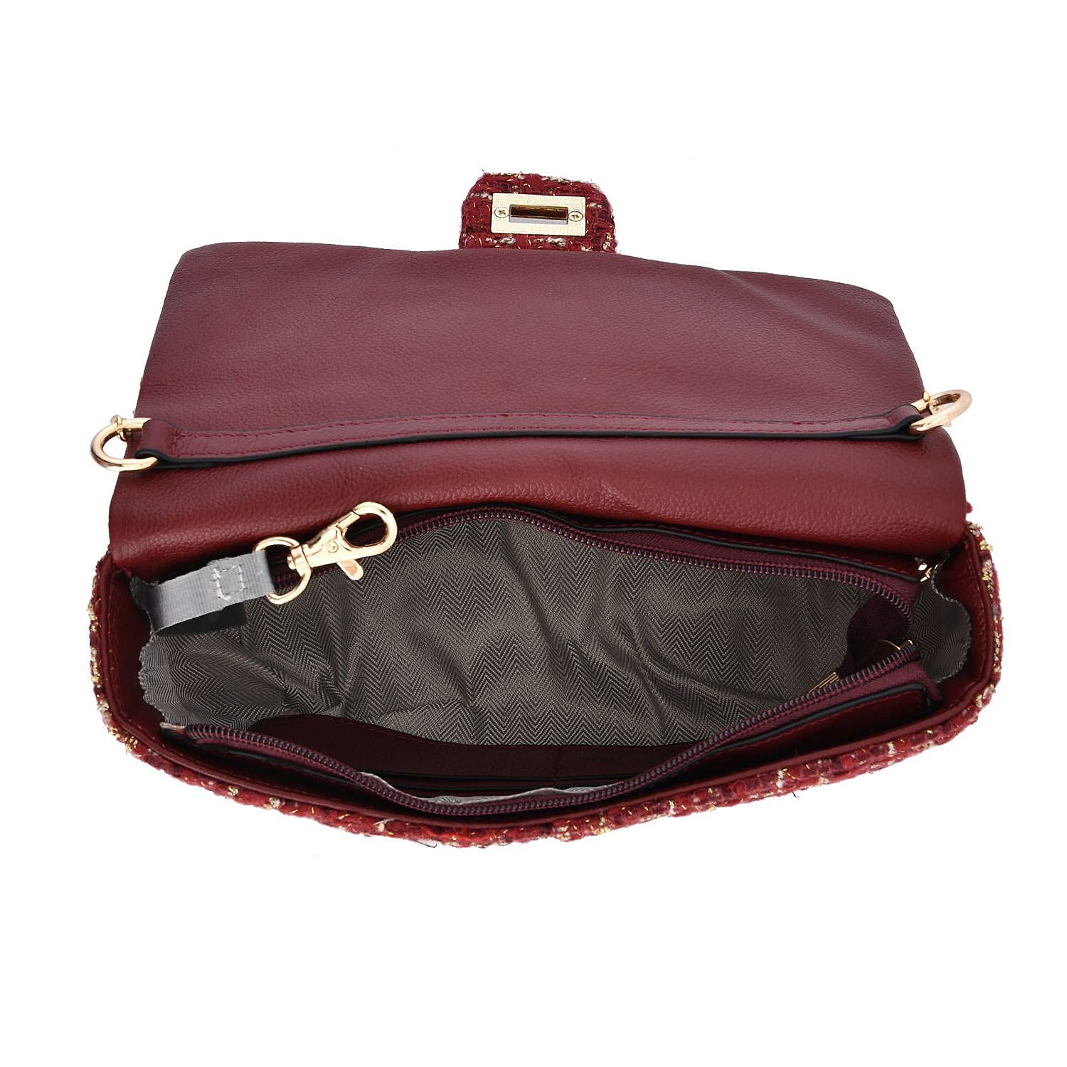 Designer Inspired Tweed Shoulder Bag with Adjustable Shoulder Metal Chain - Burgundy