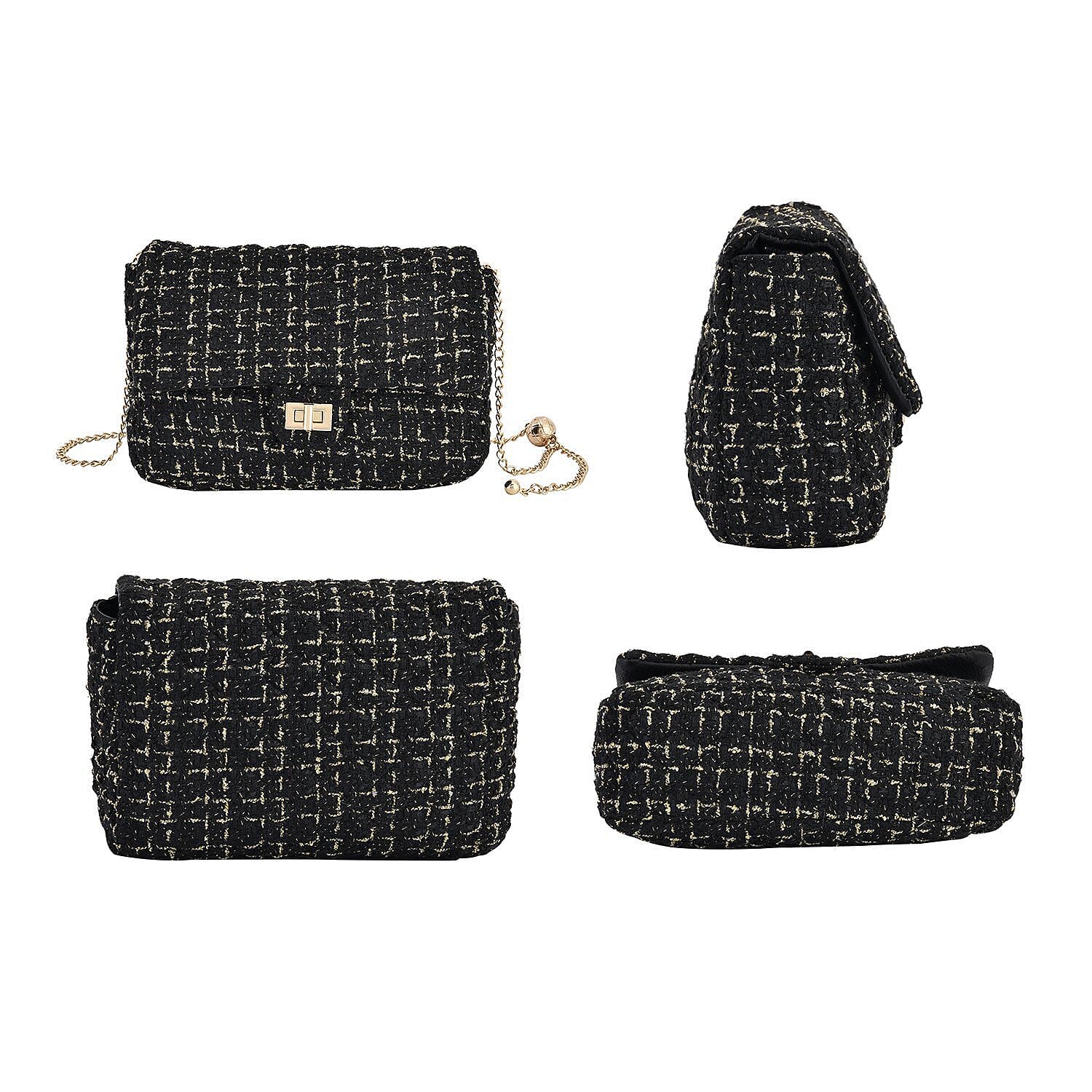 Designer Inspired Tweed Shoulder Bag with Adjustable Shoulder Metal Chain - Black