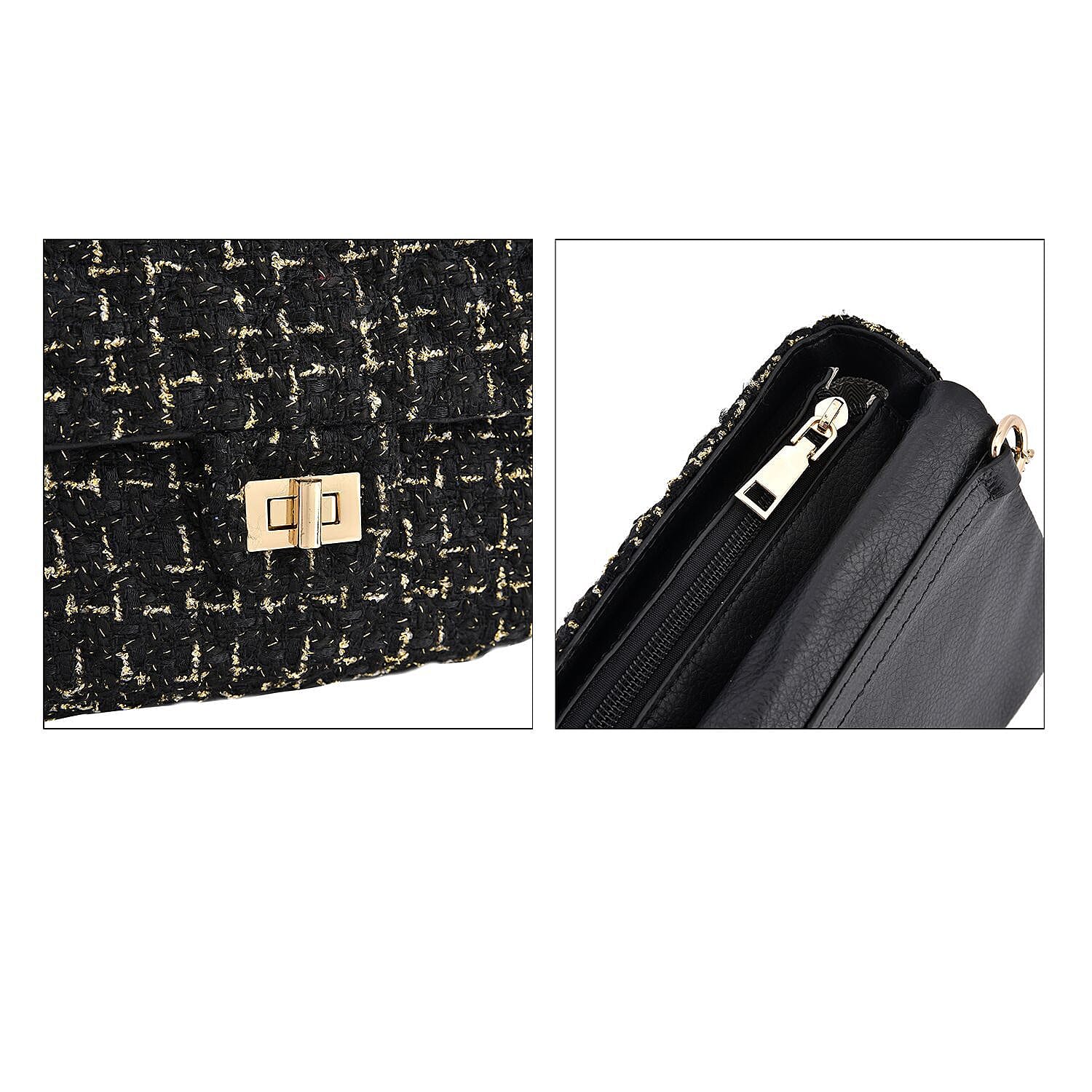 Designer Inspired Tweed Shoulder Bag with Adjustable Shoulder Metal Chain - Black