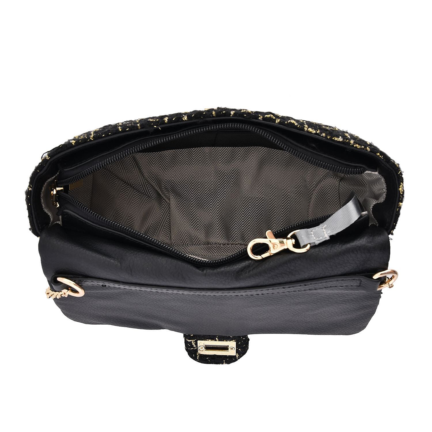 Designer Inspired Tweed Shoulder Bag with Adjustable Shoulder Metal Chain - Black