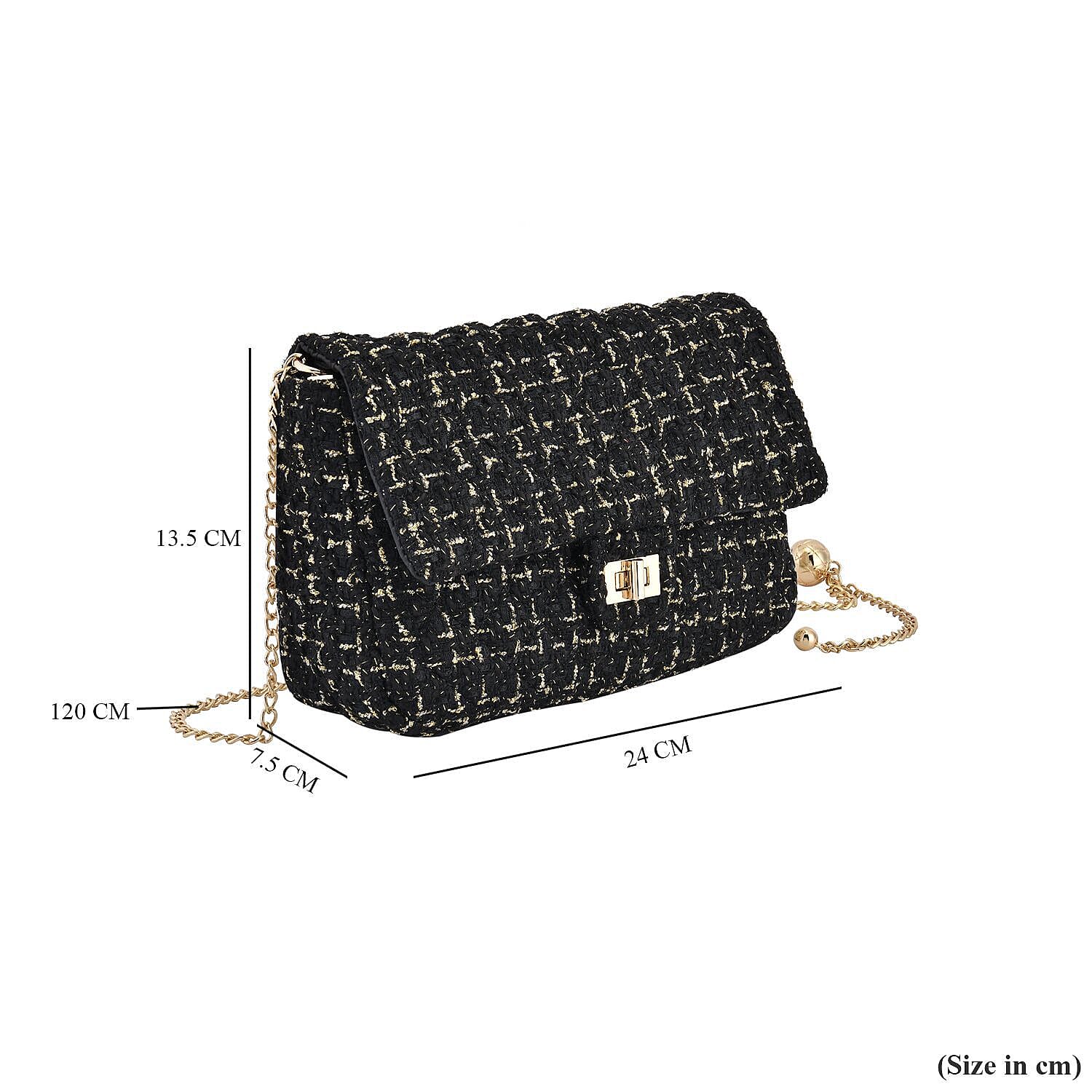 Designer Inspired Tweed Shoulder Bag with Adjustable Shoulder Metal Chain - Black