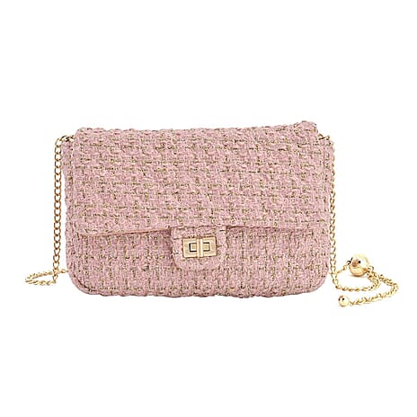 Designer Inspired Tweed Shoulder Bag with Adjustable Shoulder Metal Chain - Pink
