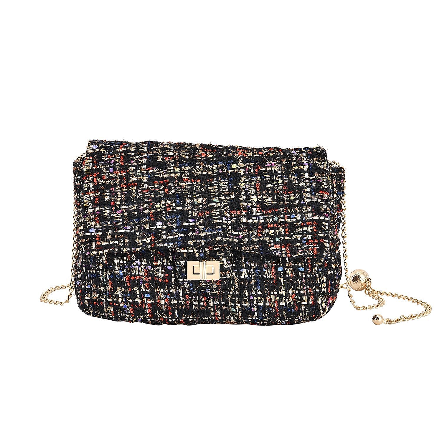 Designer Inspired Tweed Shoulder Bag with Adjustable Shoulder Metal Chain (Size 24x13x7 Cm) - Multi