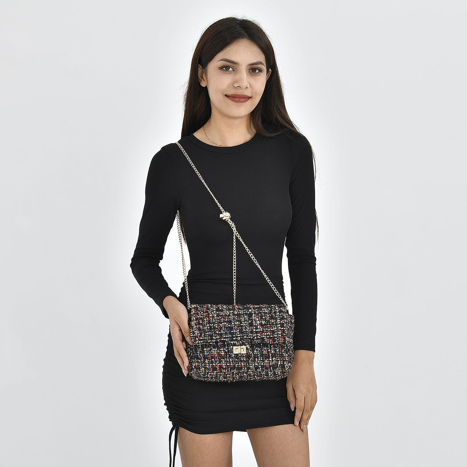 Designer Inspired Tweed Shoulder Bag with Adjustable Shoulder Metal Chain (Size 24x13x7 Cm) - Multi