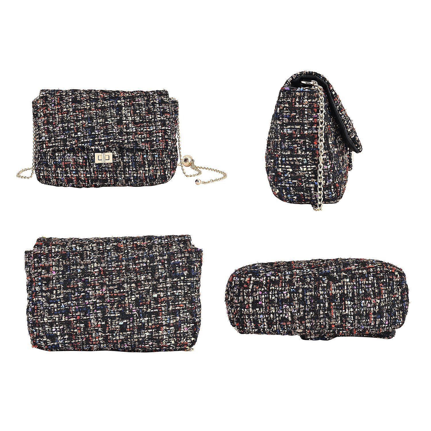 Designer Inspired Tweed Shoulder Bag with Adjustable Shoulder Metal Chain (Size 24x13x7 Cm) - Multi