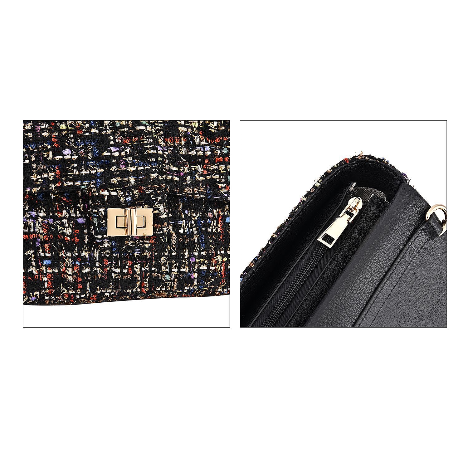 Designer Inspired Tweed Shoulder Bag with Adjustable Shoulder Metal Chain (Size 24x13x7 Cm) - Multi