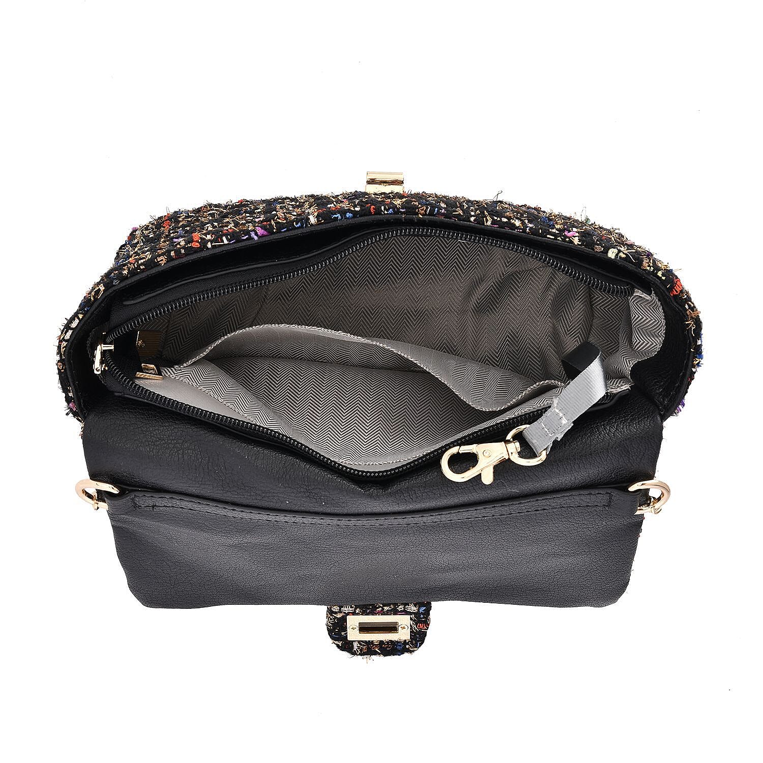 Designer Inspired Tweed Shoulder Bag with Adjustable Shoulder Metal Chain (Size 24x13x7 Cm) - Multi