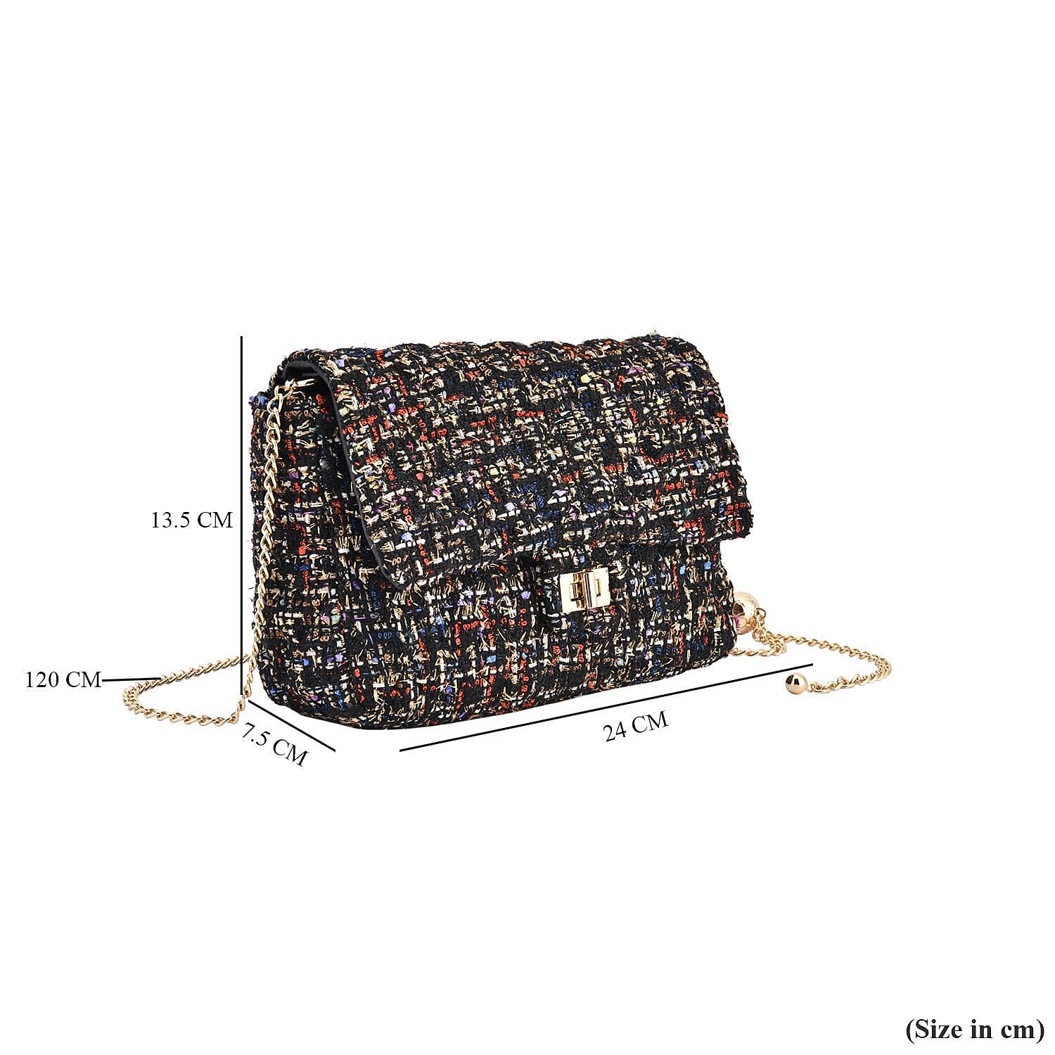 Designer Inspired Tweed Shoulder Bag with Adjustable Shoulder Metal Chain (Size 24x13x7 Cm) - Multi