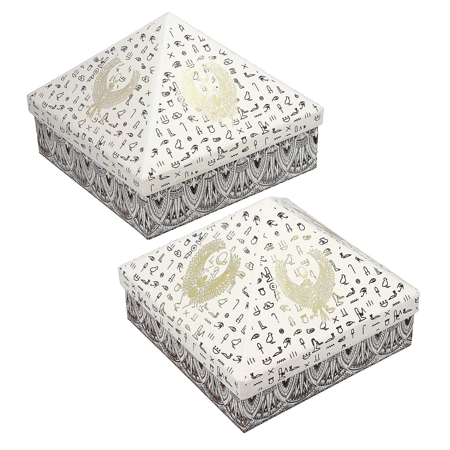 Set of 2 Handmade Paper and Handblock Printed Pyramid Shape Boxes - Egyptian Symbols