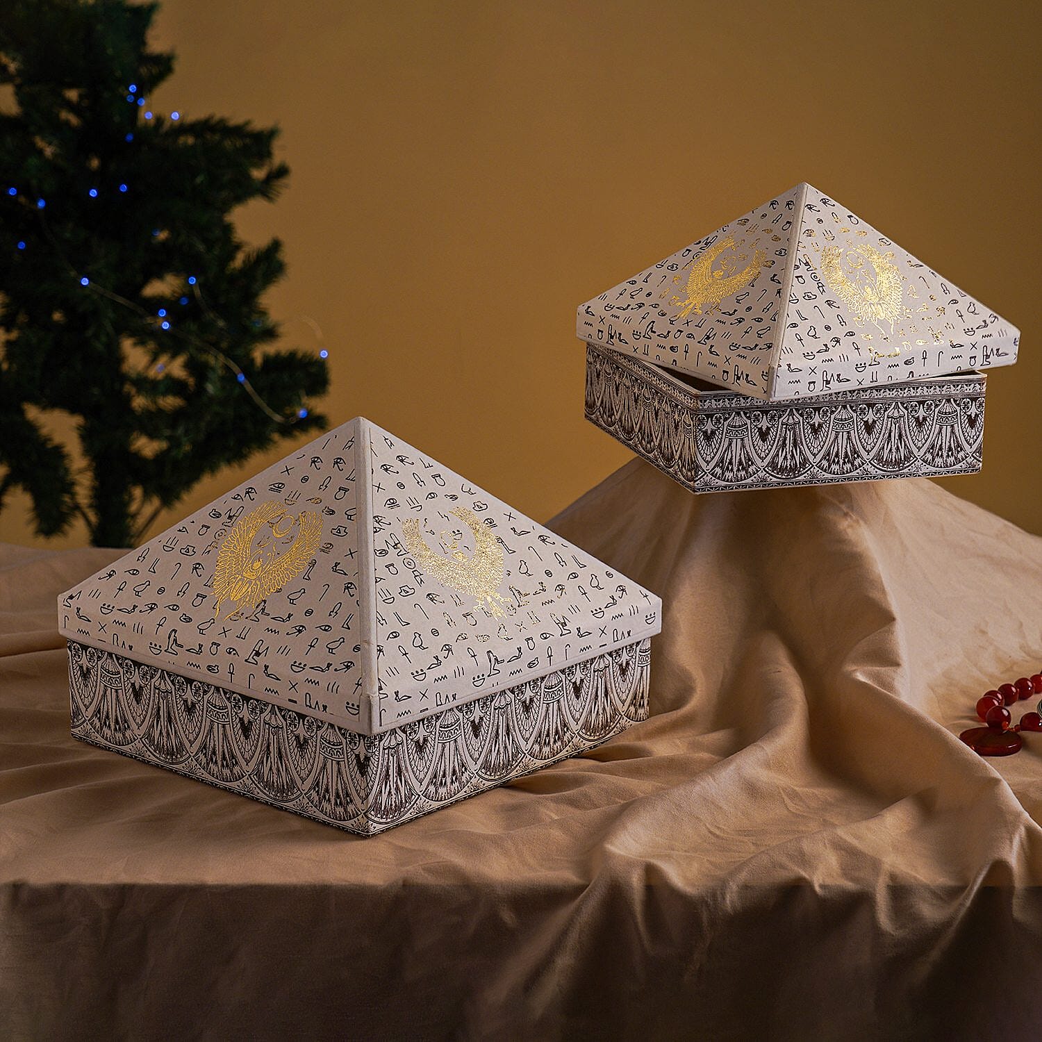 Set of 2 Handmade Paper and Handblock Printed Pyramid Shape Boxes - Egyptian Symbols