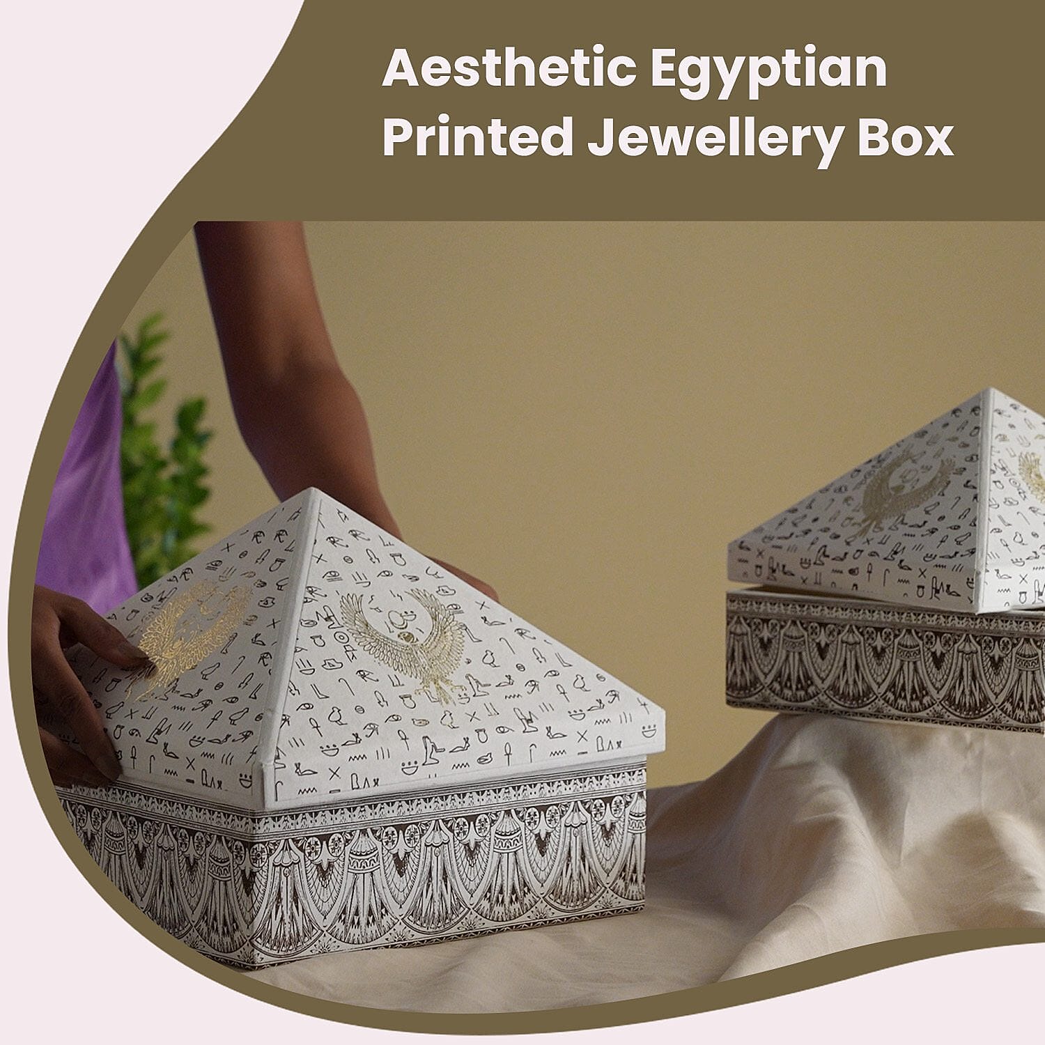 Set of 2 Handmade Paper and Handblock Printed Pyramid Shape Boxes - Egyptian Symbols