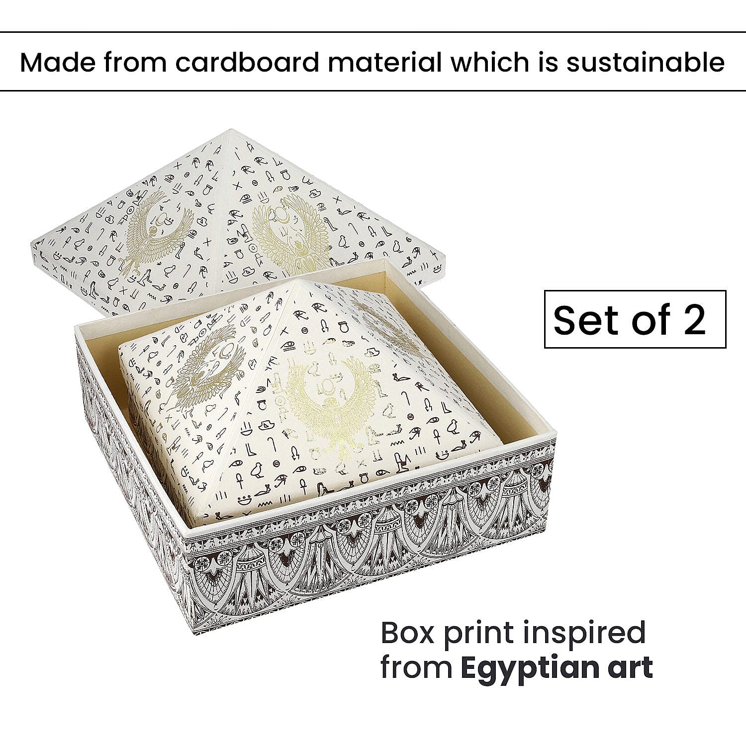 Set of 2 Handmade Paper and Handblock Printed Pyramid Shape Boxes - Egyptian Symbols
