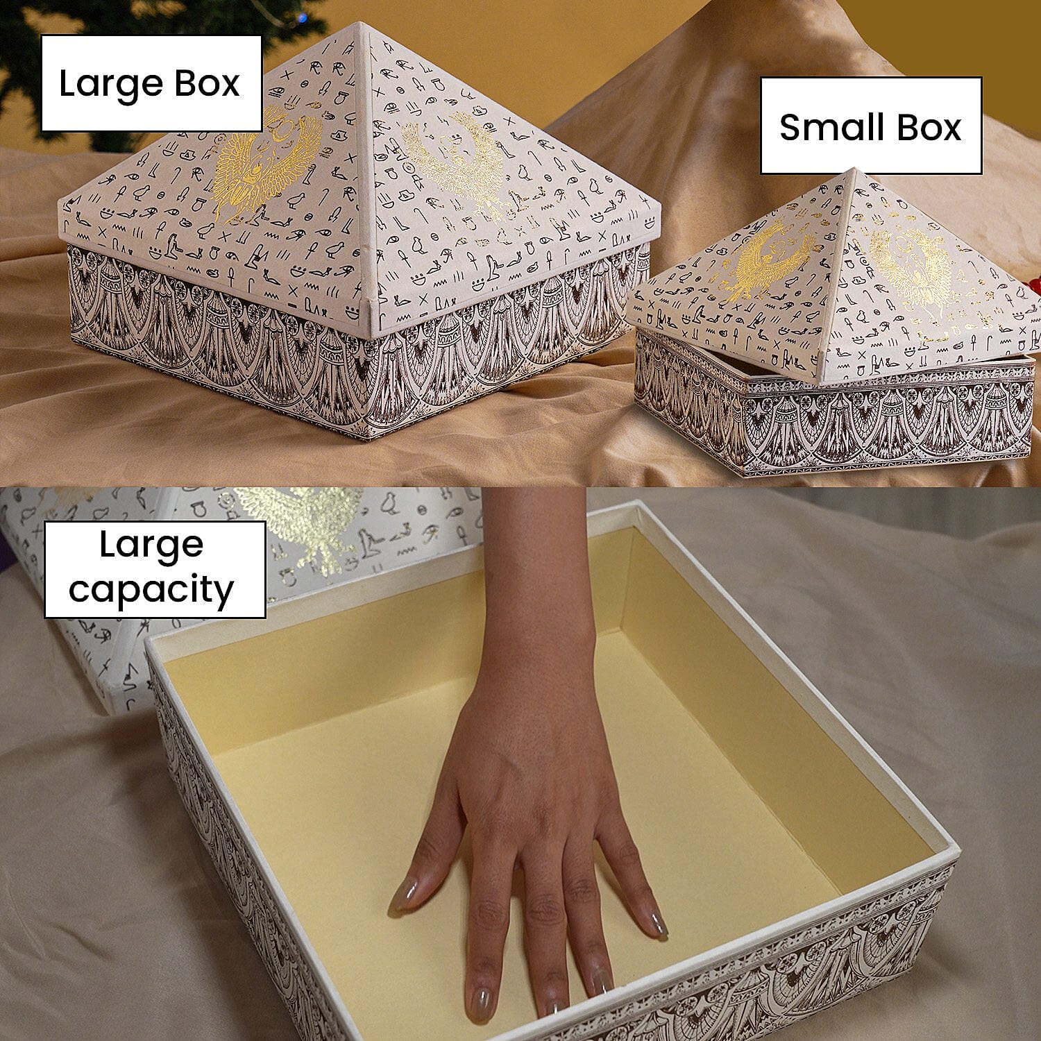 Set of 2 Handmade Paper and Handblock Printed Pyramid Shape Boxes - Egyptian Symbols