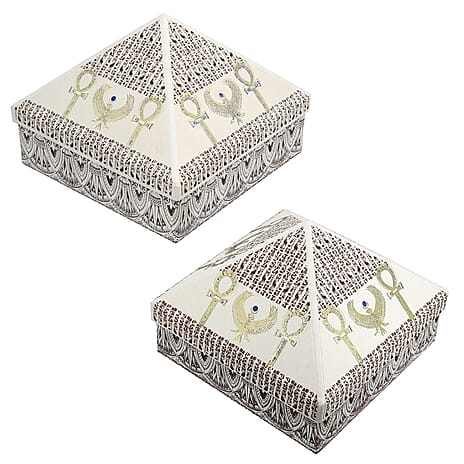 Set of 2 Handmade Paper and Handblock Printed Pyramid Shape Boxes - Egyptian Ankh